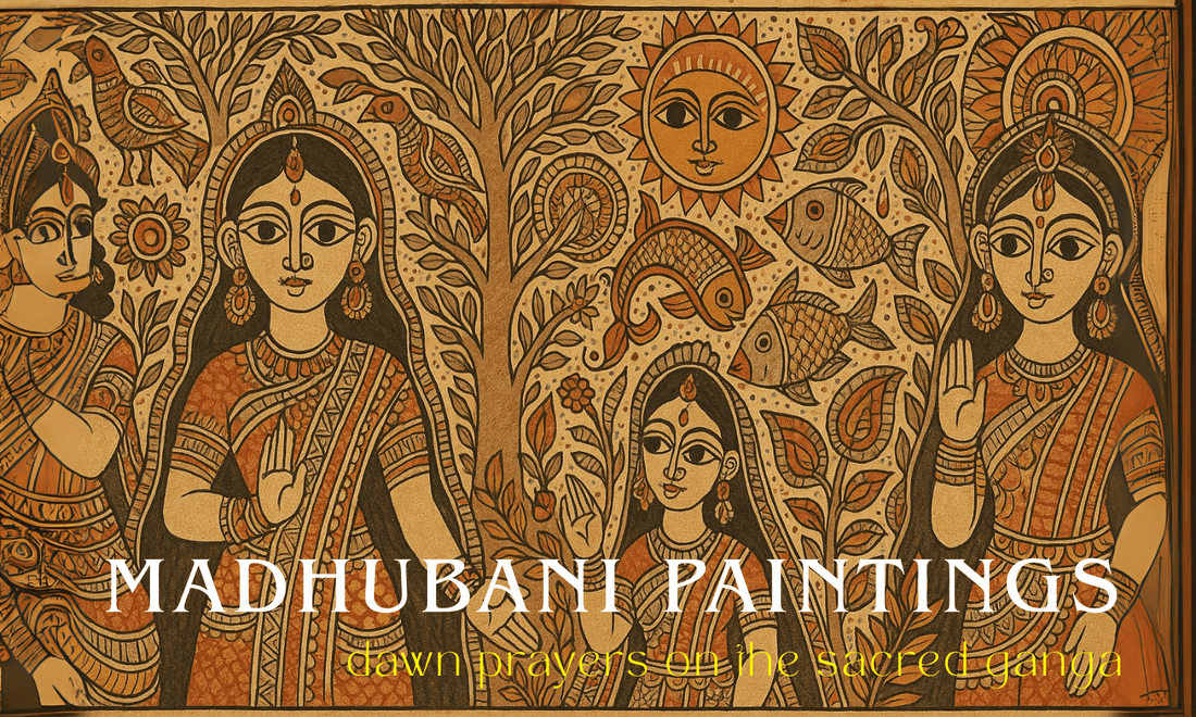 Panoramic Madhubani painting with earthy tones, featuring goddess figures in ornate sarees, Lord Krishna playing the flute, intricate trees with birds, fish motifs, and a smiling sun, all rendered in traditional Mithila art style. | Crafts of Bihar