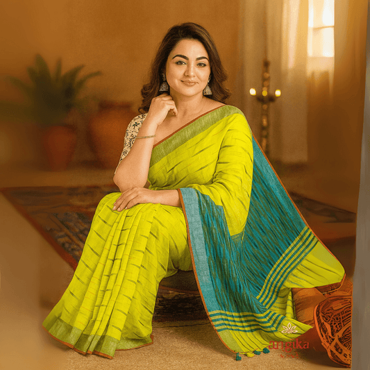 Angika Saree Cotton Ikkat Saree For Women With Dual Blouse Pieces (Madhubani & Ikkat Designs) | Casual, Party And Occasional Wear