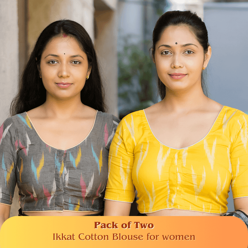 Evariya Pack of 2 Women's Ready-to-Wear Cotton Ikkat Print Saree Blouse - Stitched | BLOU 051 058