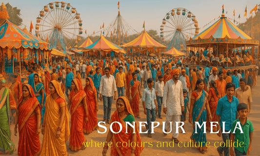 Panoramic view of Sonepur Mela in Bihar, featuring colorful market stalls, people in traditional sarees and turbans, vibrant decorations, and a Ferris wheel in the background under warm golden daylight. | Crafts of Bihar