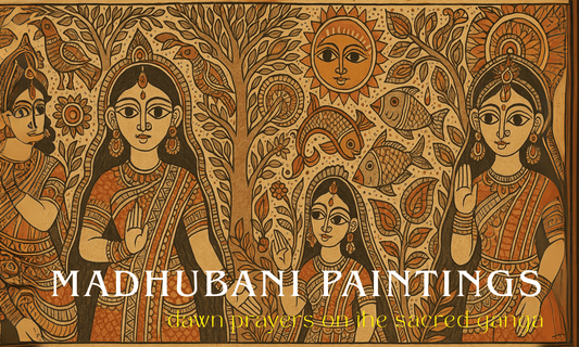 Panoramic Madhubani painting with earthy tones, featuring goddess figures in ornate sarees, Lord Krishna playing the flute, intricate trees with birds, fish motifs, and a smiling sun, all rendered in traditional Mithila art style. | Crafts of Bihar