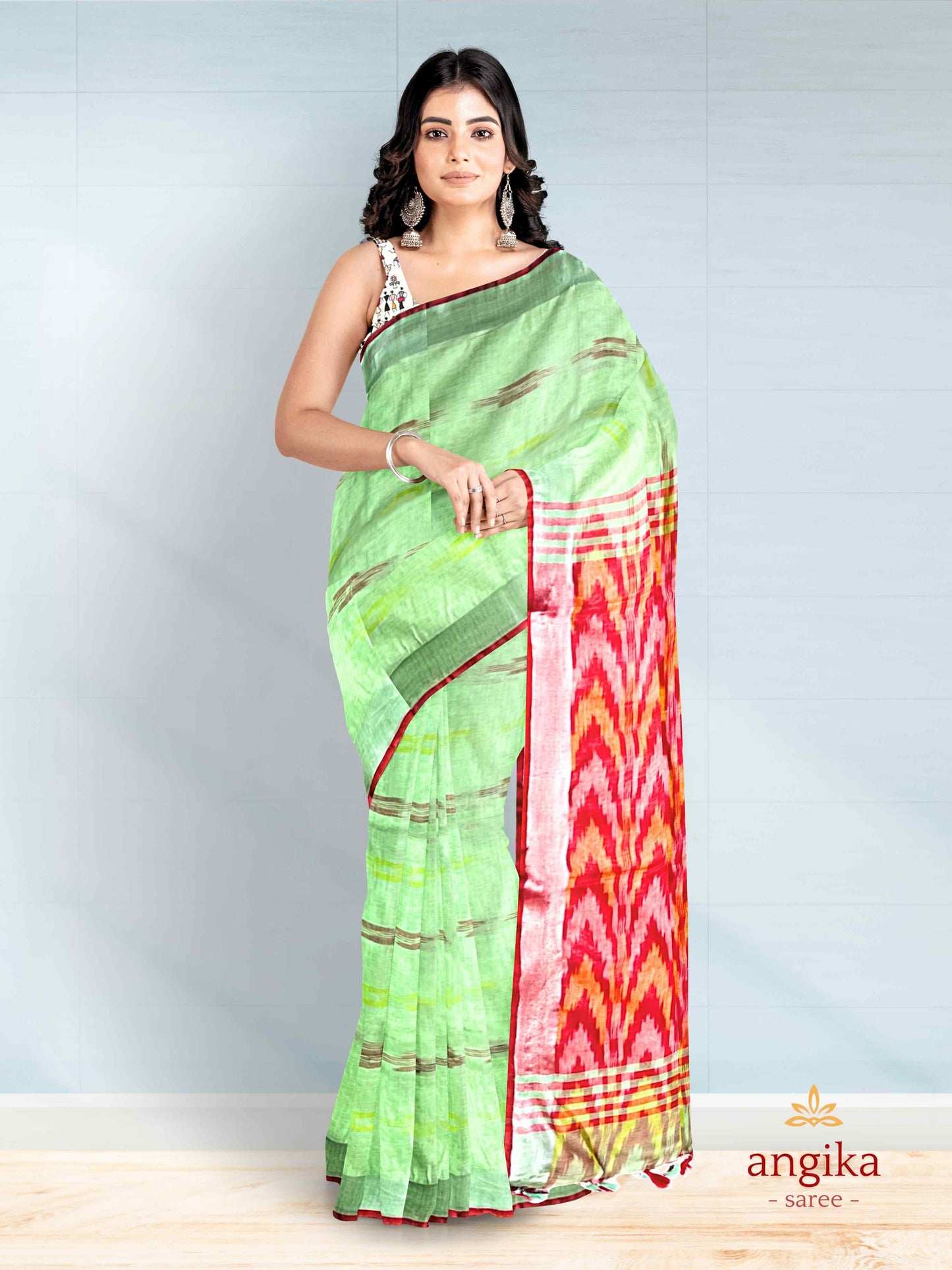 Bhagalpuri Cotton Ikkat Saree for Women with Dual Blouse Pieces (Madhubani & Ikkat Designs) by Angika Saree