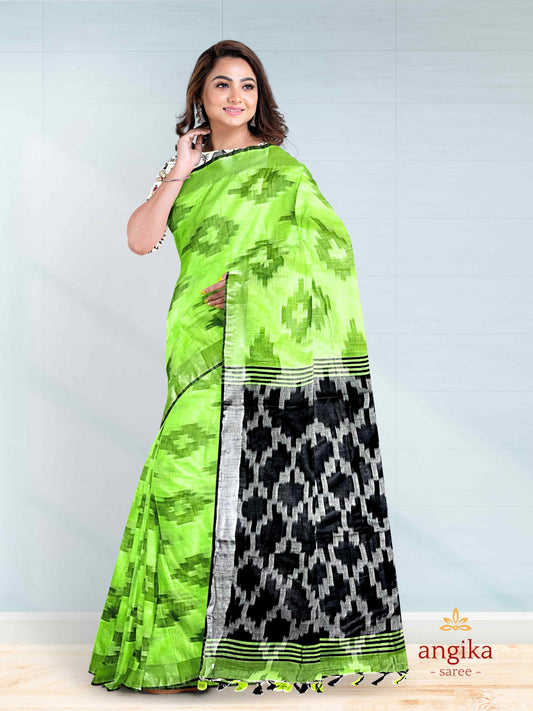 Bhagalpuri Cotton Ikkat Saree for Women with Dual Blouse Pieces (Madhubani & Ikkat Designs) by Angika Saree