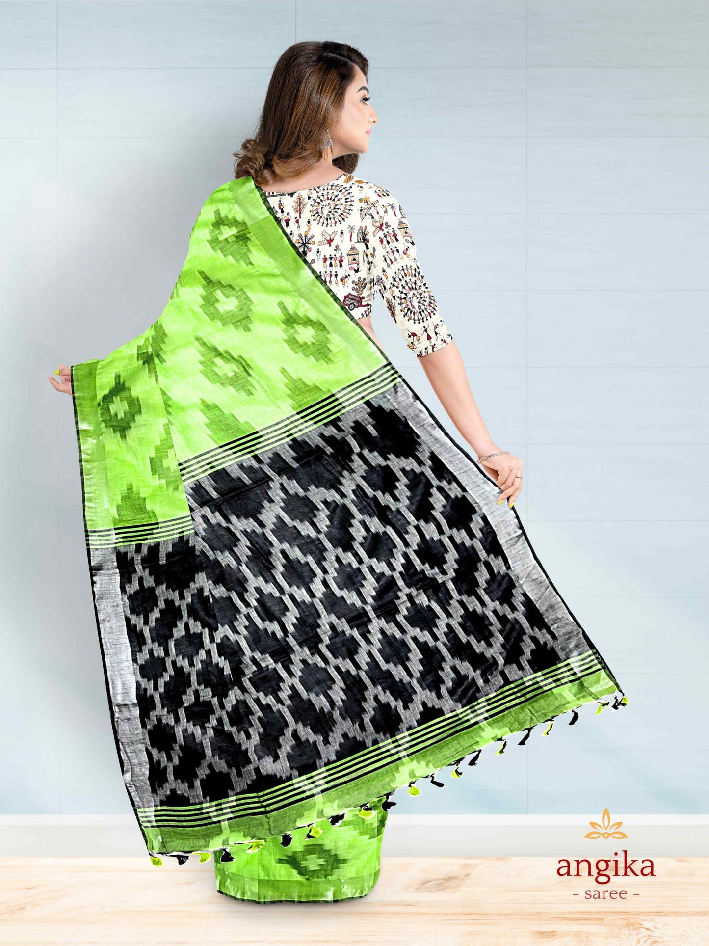 Bhagalpuri Cotton Ikkat Saree for Women with Dual Blouse Pieces (Madhubani & Ikkat Designs) by Angika Saree