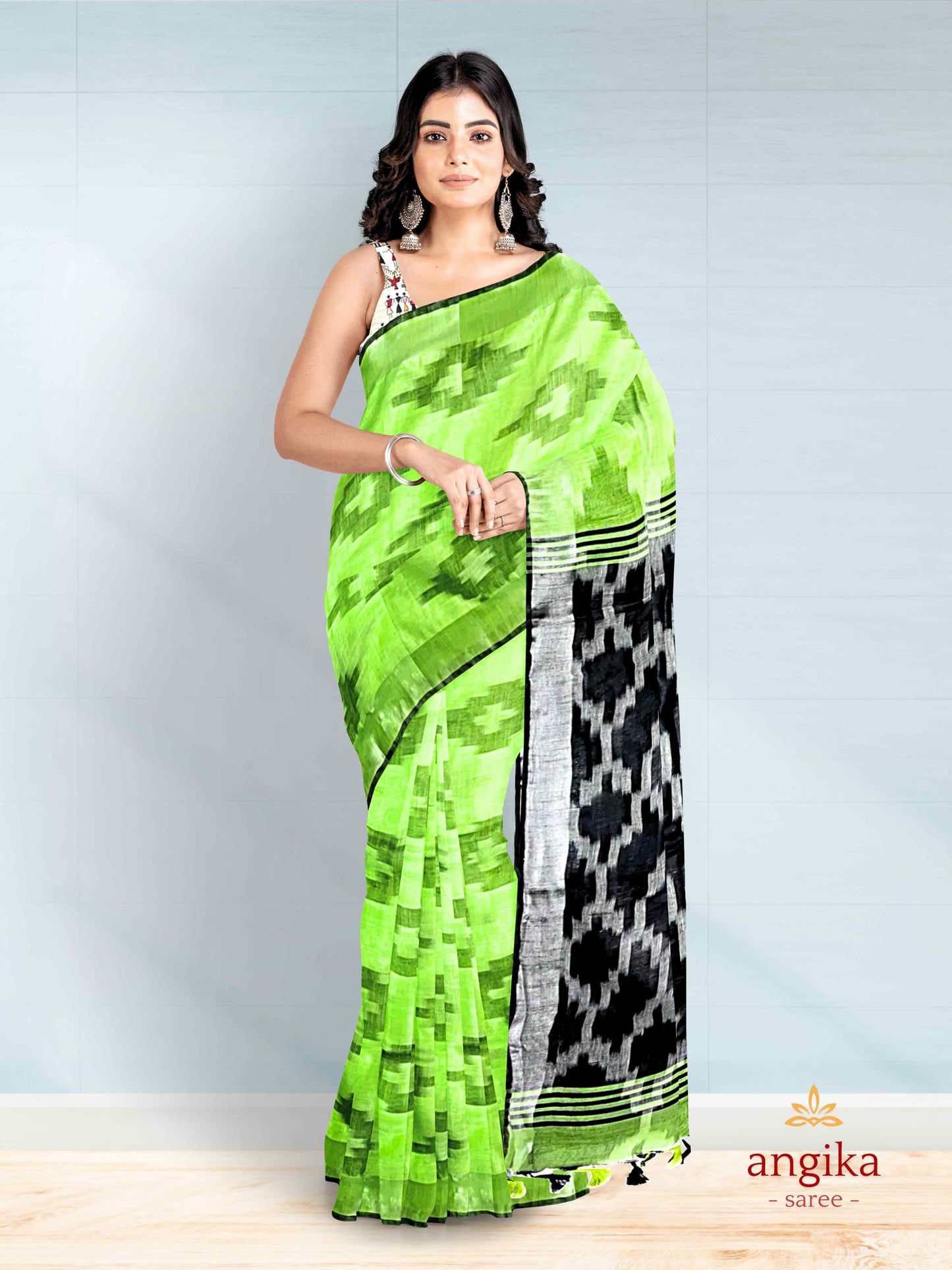 Bhagalpuri Cotton Ikkat Saree for Women with Dual Blouse Pieces (Madhubani & Ikkat Designs) by Angika Saree