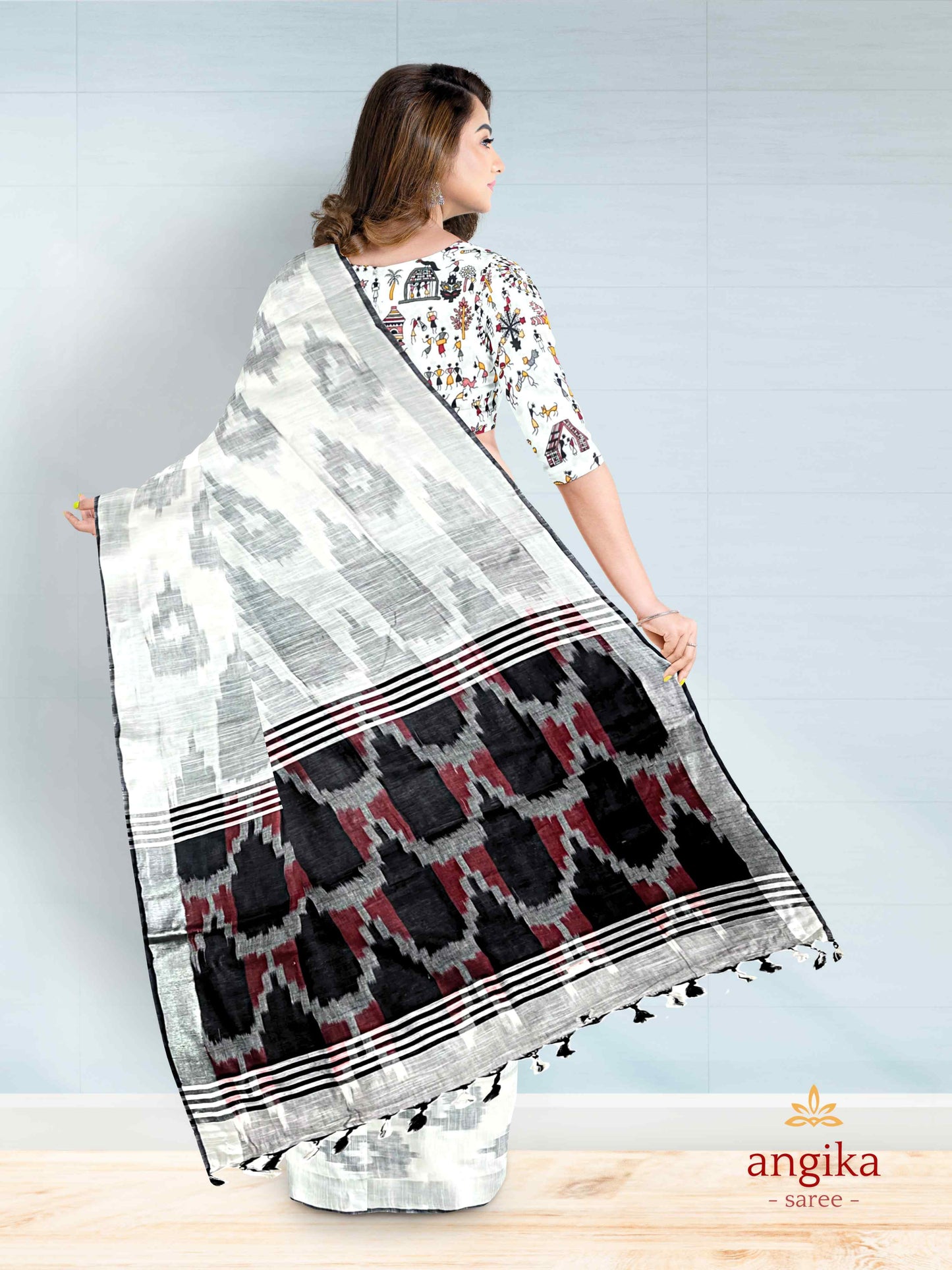 Bhagalpuri Cotton Ikkat Saree for Women with Dual Blouse Pieces (Madhubani & Ikkat Designs) by Angika Saree