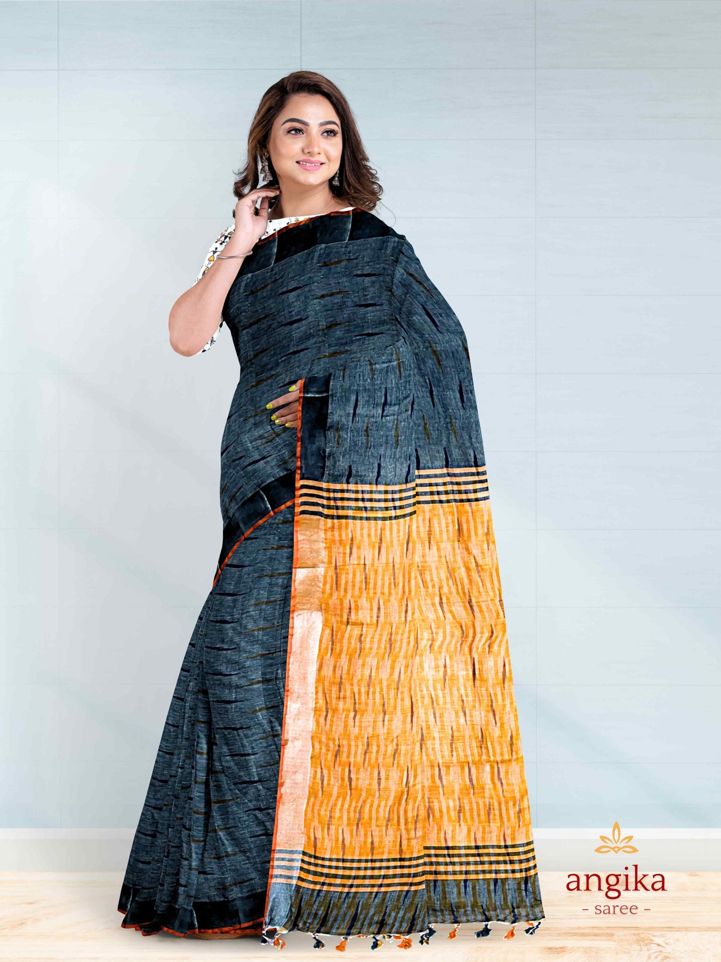 Bhagalpuri Cotton Ikkat Saree for Women with Dual Blouse Pieces (Madhubani & Ikkat Designs) by Angika Saree