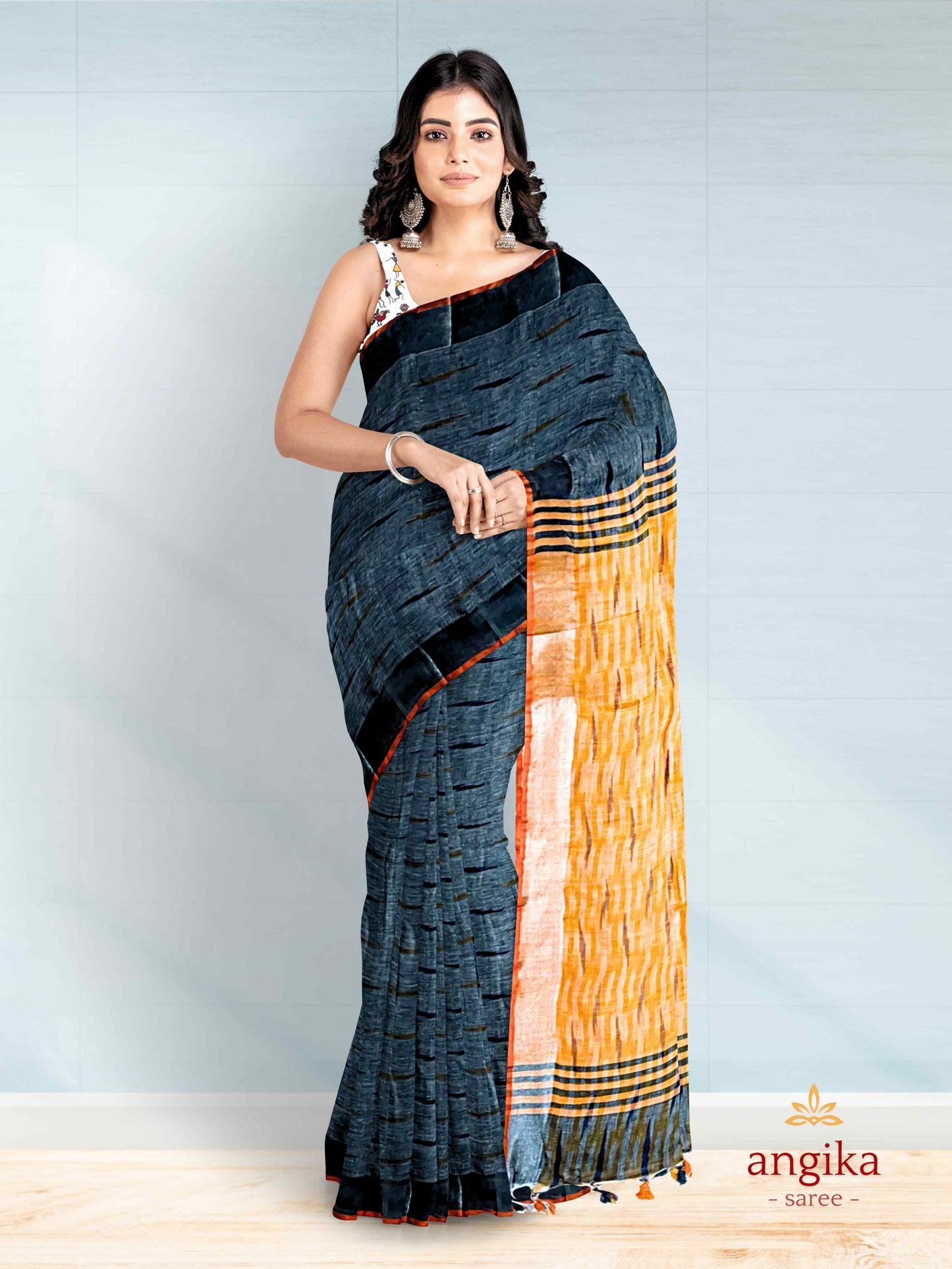 Bhagalpuri Cotton Ikkat Saree for Women with Dual Blouse Pieces (Madhubani & Ikkat Designs) by Angika Saree