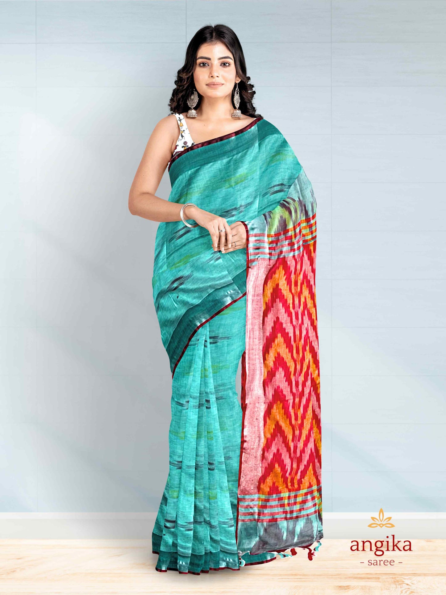 Bhagalpuri Cotton Ikkat Saree for Women with Dual Blouse Pieces (Madhubani & Ikkat Designs) by Angika Saree