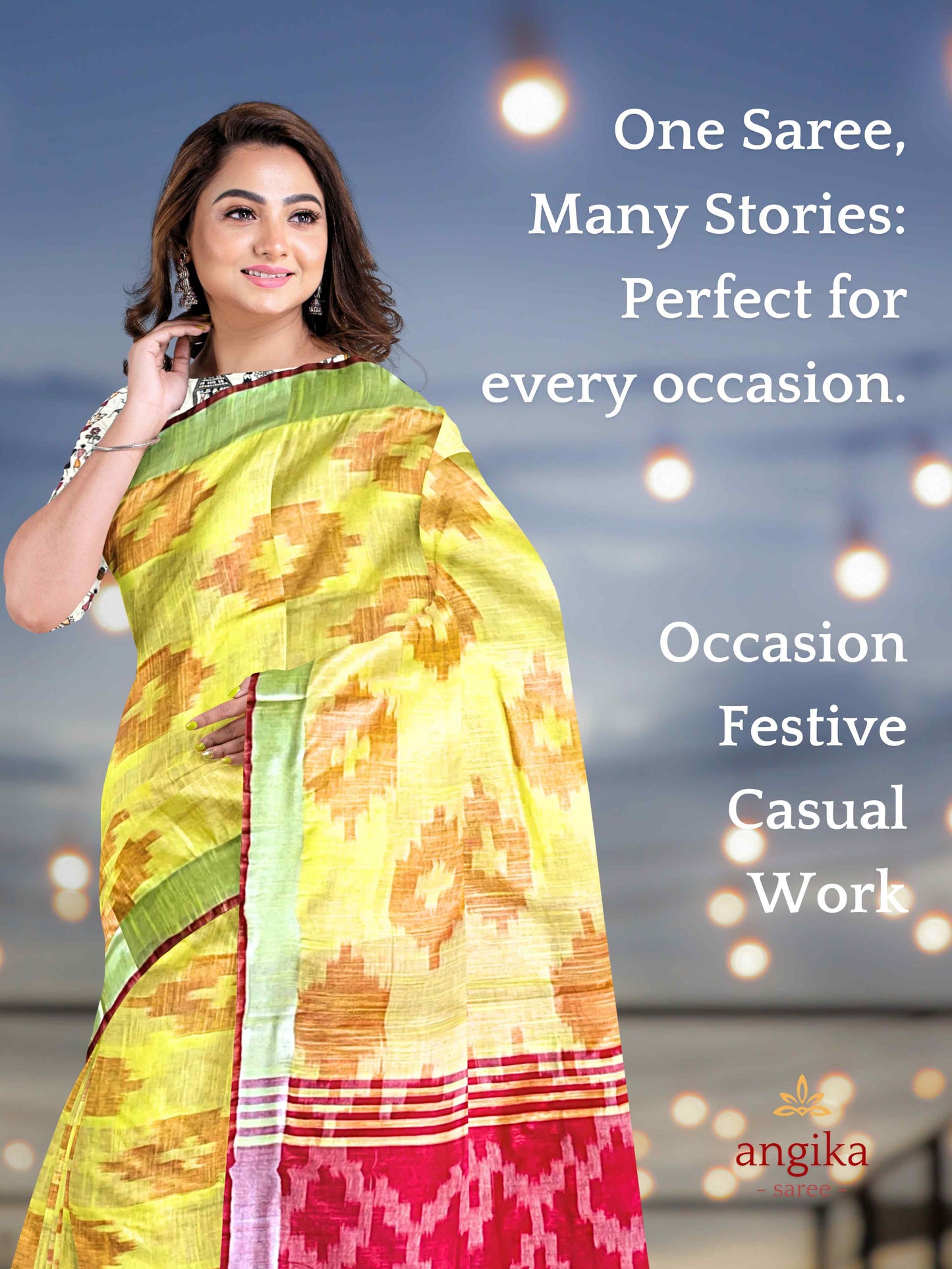 Bhagalpuri Cotton Ikkat Saree for Women with Dual Blouse Pieces (Madhubani & Ikkat Designs) by Angika Saree