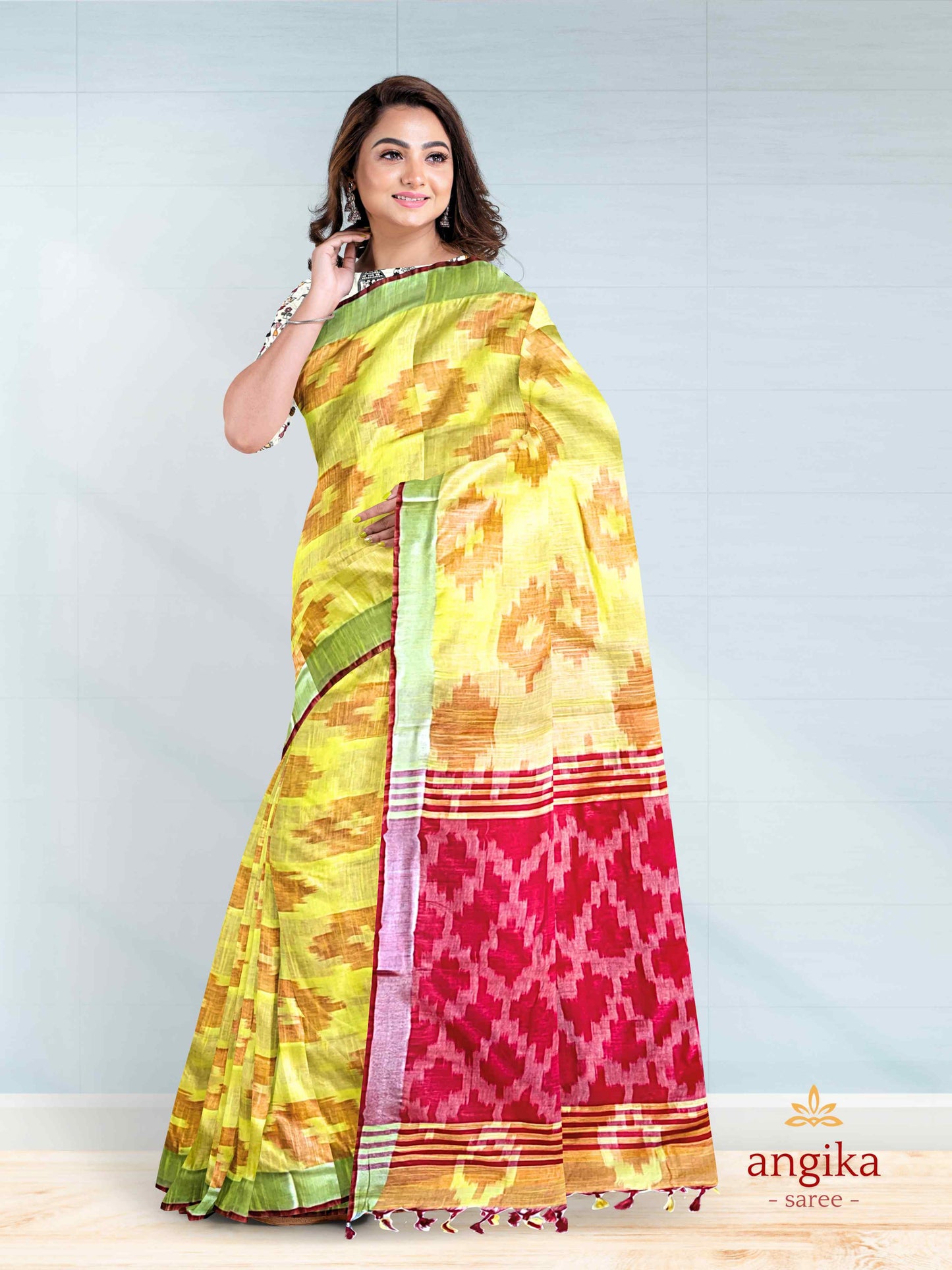 Bhagalpuri Cotton Ikkat Saree for Women with Dual Blouse Pieces (Madhubani & Ikkat Designs) by Angika Saree