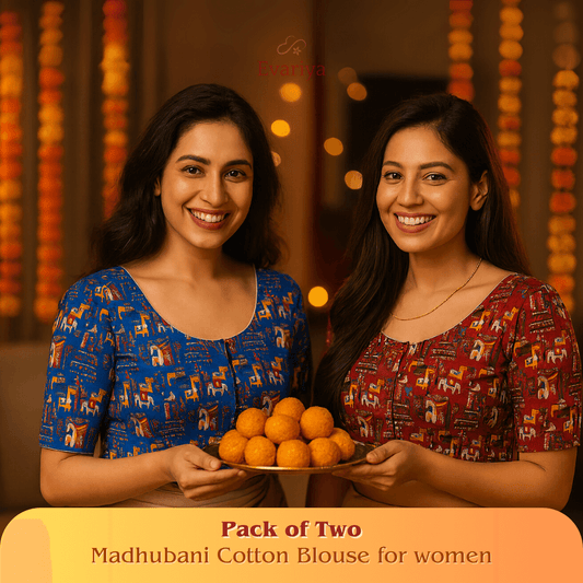 Evariya Pack of Two Women’s Madhubani Print Cotton Saree Blouse | Pre-Stitched, Ready-to-WeaR | BLOU 201 202