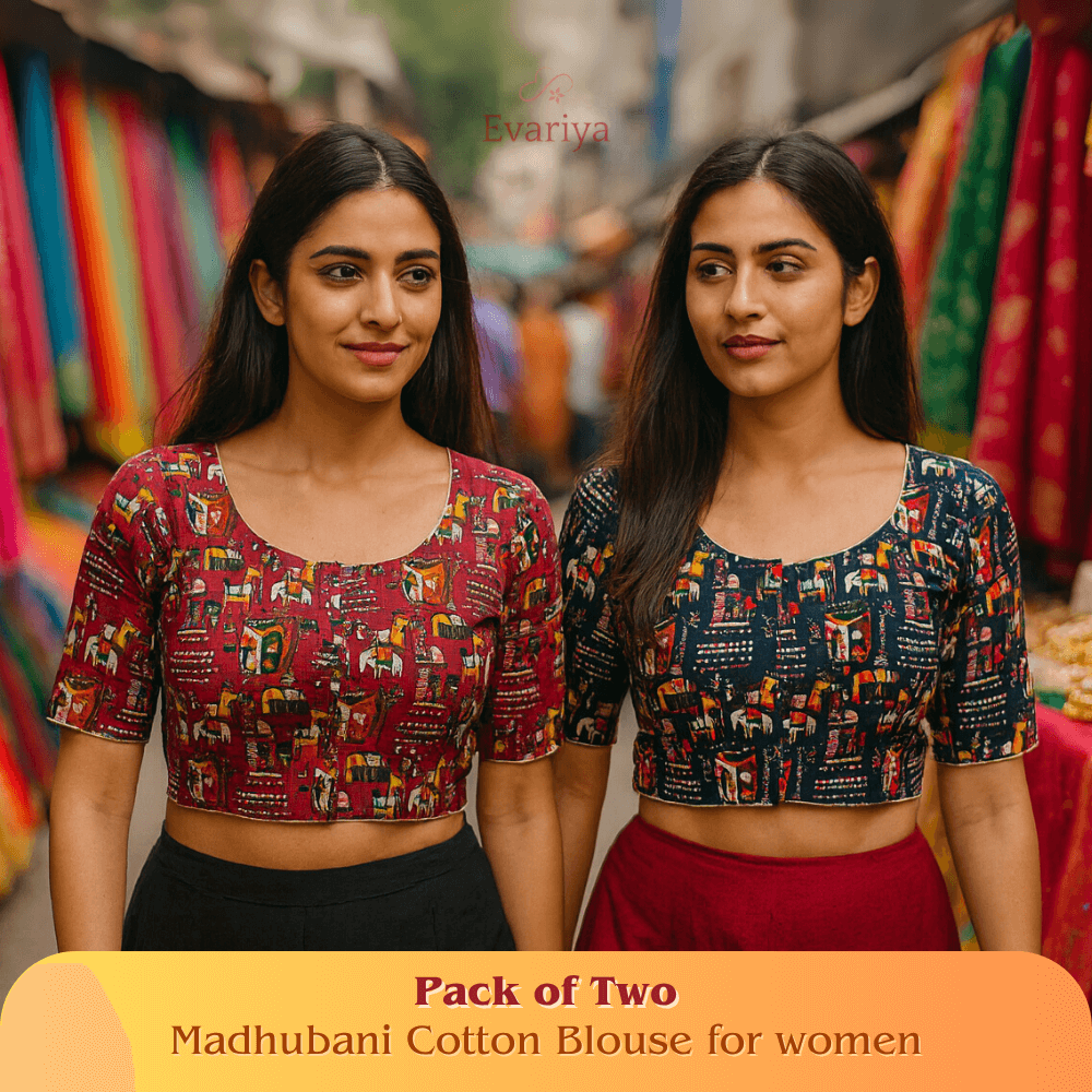 Evariya Pack of Two Women’s Madhubani Print Cotton Saree Blouse | Pre-Stitched, Ready-to-WeaR | BLOU 202 203