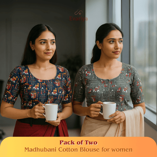 Evariya Pack of Two Women’s Madhubani Print Cotton Saree Blouse | Pre-Stitched, Ready-to-WeaR | BLOU 203 204