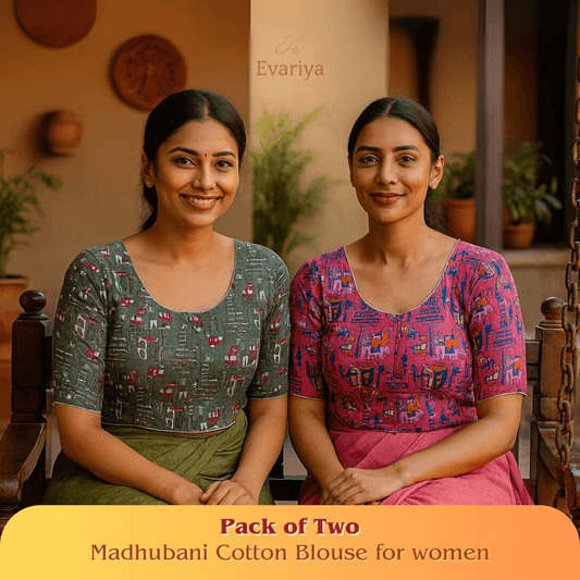 Evariya Pack of Two Women’s Madhubani Print Cotton Saree Blouse | Pre-Stitched, Ready-to-WeaR | BLOU 204 205
