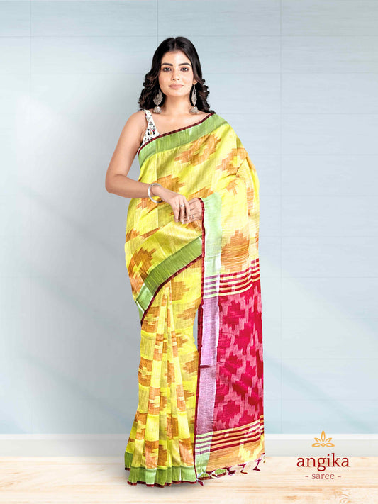 Bhagalpuri Cotton Ikkat Saree for Women with Dual Blouse Pieces (Madhubani & Ikkat Designs) by Angika Saree