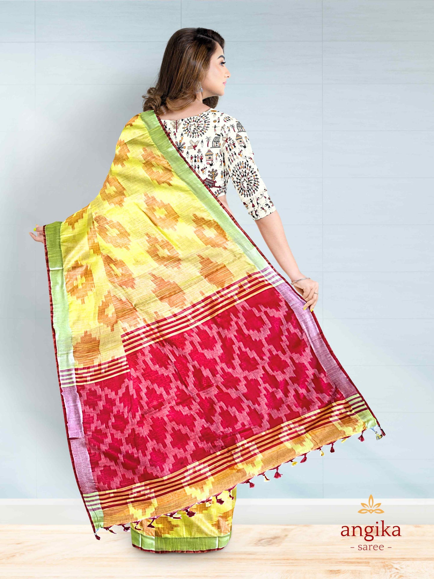 Bhagalpuri Cotton Ikkat Saree for Women with Dual Blouse Pieces (Madhubani & Ikkat Designs) by Angika Saree