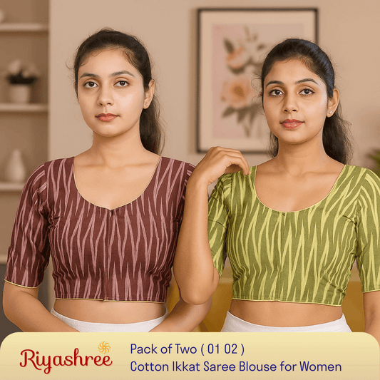 Riyashree Women’s Ikkat Cotton Saree Blouse Pack of 2 – Readymade, Festive & Daily Use |
