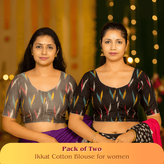 Evariya Pack of 2 Women's Ready-to-Wear Cotton Ikkat Print Saree Blouse - Stitched | BLOU 051 056