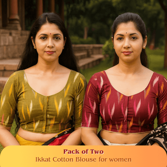 Evariya Pack of 2 Women's Ready-to-Wear Cotton Ikkat Print Saree Blouse - Stitched | BLOU 052 054