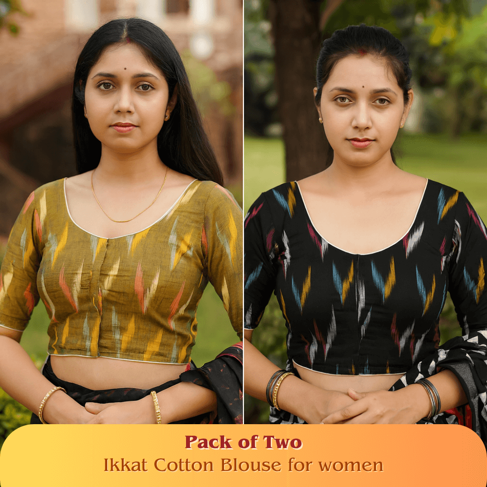 Evariya Pack of 2 Women's Ready-to-Wear Cotton Ikkat Print Saree Blouse - Stitched |BLOU 052 056