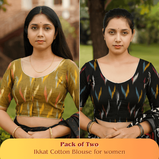 Evariya Pack of 2 Women's Ready-to-Wear Cotton Ikkat Print Saree Blouse - Stitched | BLOU 052 056