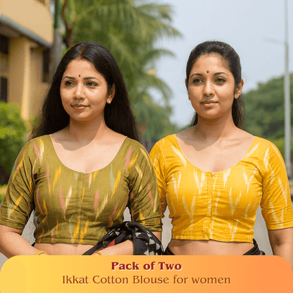 Evariya Pack of 2 Women's Ready-to-Wear Cotton Ikkat Print Saree Blouse - Stitched | BLOU 052 058