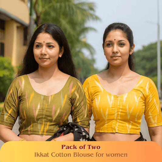 Evariya Pack of 2 Women's Ready-to-Wear Cotton Ikkat Print Saree Blouse - Stitched | BLOU 052 058
