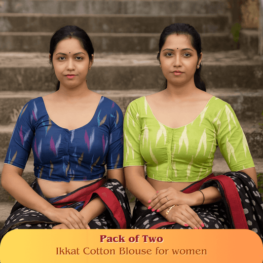 Evariya Pack of 2 Women's Ready-to-Wear Cotton Ikkat Print Saree Blouse - Stitched | BLOU 053 055