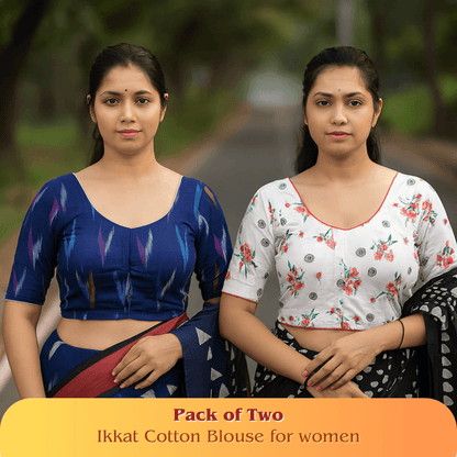 Evariya Pack of 2 Women's Ready-to-Wear Cotton Ikkat Print Saree Blouse - Stitched | BLOU 053 057