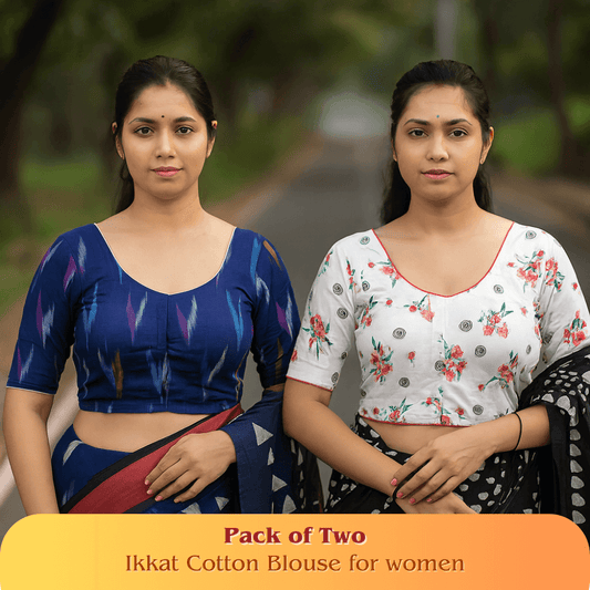 Evariya Pack of 2 Women's Ready-to-Wear Cotton Ikkat Print Saree Blouse - Stitched | BLOU 053 057