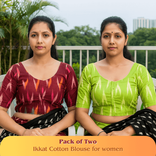 Evariya Pack of 2 Women's Ready-to-Wear Cotton Ikkat Print Saree Blouse - Stitched | BLOU 054 055