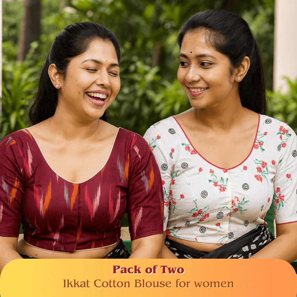 Evariya Pack of 2 Women's Ready-to-Wear Cotton Ikkat Print Saree Blouse - Stitched | BLOU 054 057