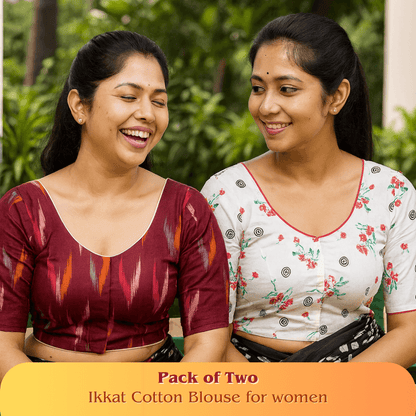 Evariya Pack of 2 Women's Ready-to-Wear Cotton Ikkat Print Saree Blouse - Stitched | BLOU 054 057