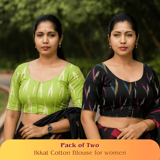 Evariya Pack of 2 Women's Ready-to-Wear Cotton Ikkat Print Saree Blouse - Stitched | BLOU 055 056