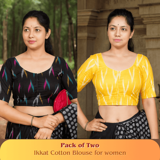 Evariya Pack of 2 Women's Ready-to-Wear Cotton Ikkat Print Saree Blouse - Stitched | BLOU 056 058