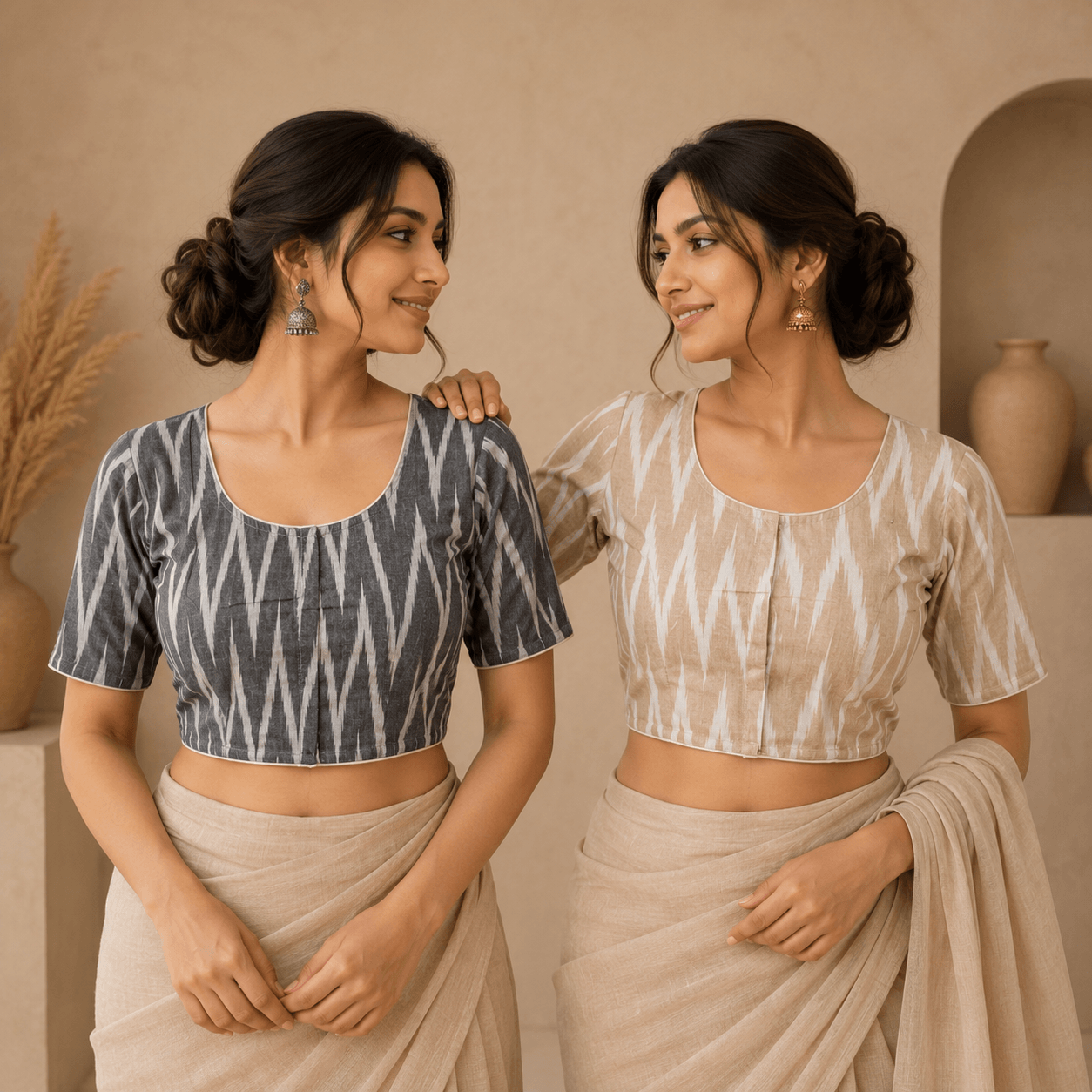 Riyashree Ikkat Cotton Ready-to-Wear Saree Blouse | Pack of 2