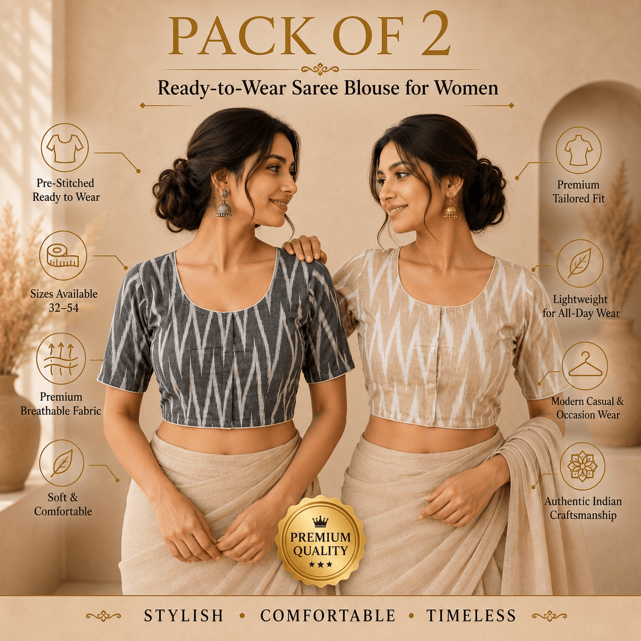 Riyashree Ikkat Cotton Ready-to-Wear Saree Blouse | Pack of 2