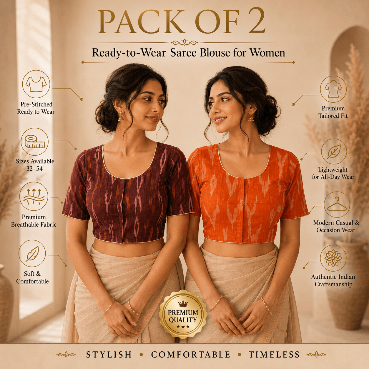 Riyashree Ikkat Cotton Ready-to-Wear Saree Blouse | Pack of 2