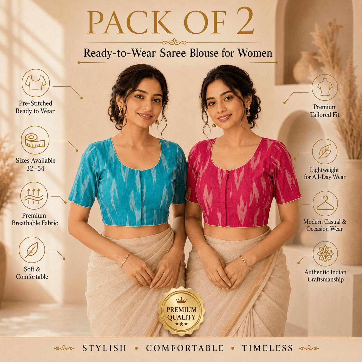 Riyashree Ikkat Cotton Ready-to-Wear Saree Blouse | Pack of 2