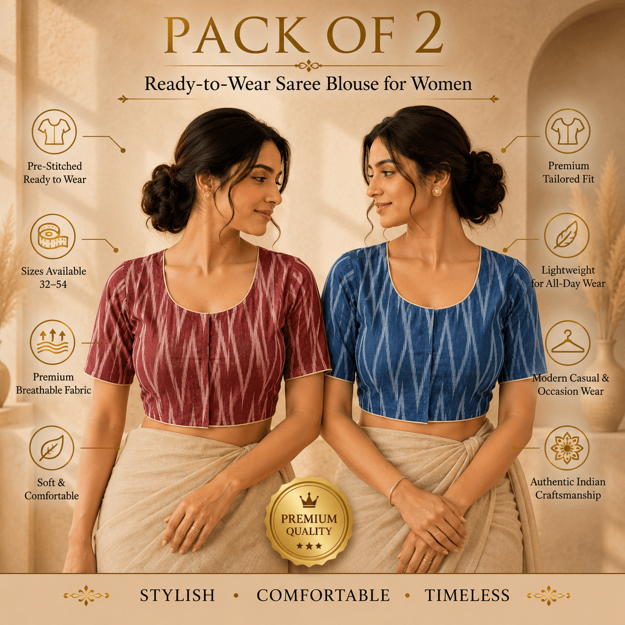 Riyashree Ikkat Cotton Ready-to-Wear Saree Blouse | Pack of 2