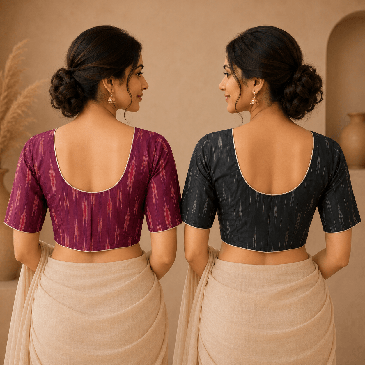 Riyashree Ikkat Cotton Ready-to-Wear Saree Blouse | Pack of 2