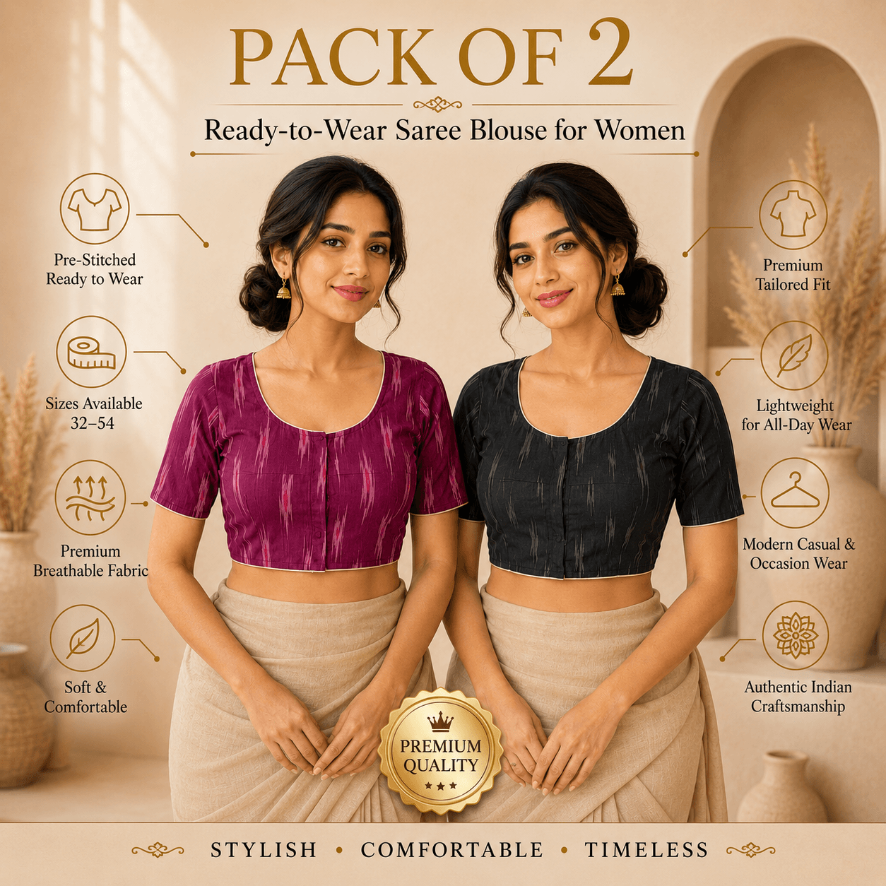 Riyashree Ikkat Cotton Ready-to-Wear Saree Blouse | Pack of 2