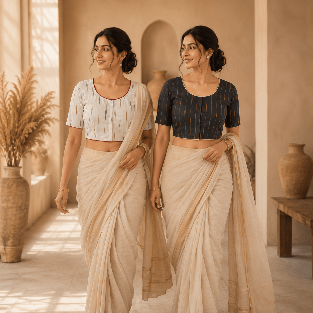 Riyashree Ikkat Cotton Ready-to-Wear Saree Blouse | Pack of 2