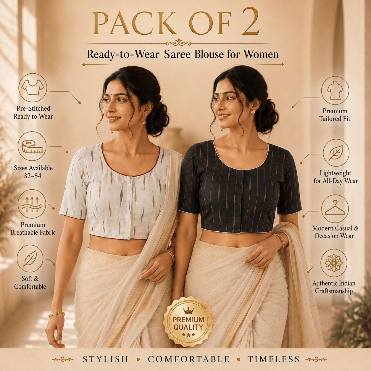 Riyashree Ikkat Cotton Ready-to-Wear Saree Blouse | Pack of 2