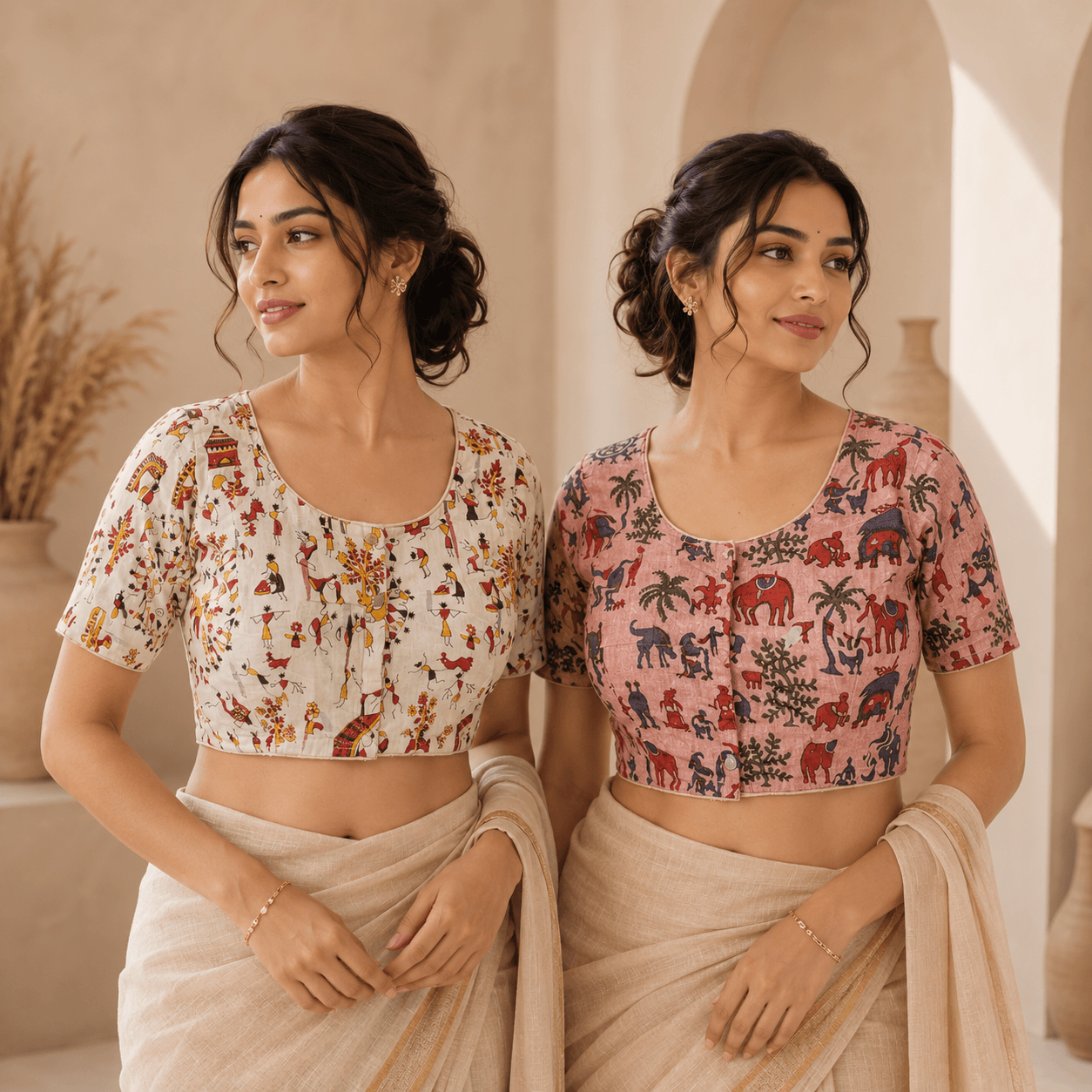 Riyashree Madhubani Cotton Ready-to-Wear Saree Blouse | Pack of 2