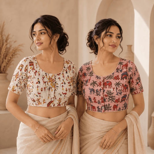 Riyashree Madhubani Cotton Ready-to-Wear Saree Blouse | Pack of 2