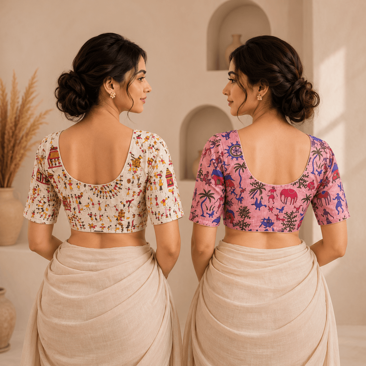 Riyashree Madhubani Cotton Ready-to-Wear Saree Blouse | Pack of 2