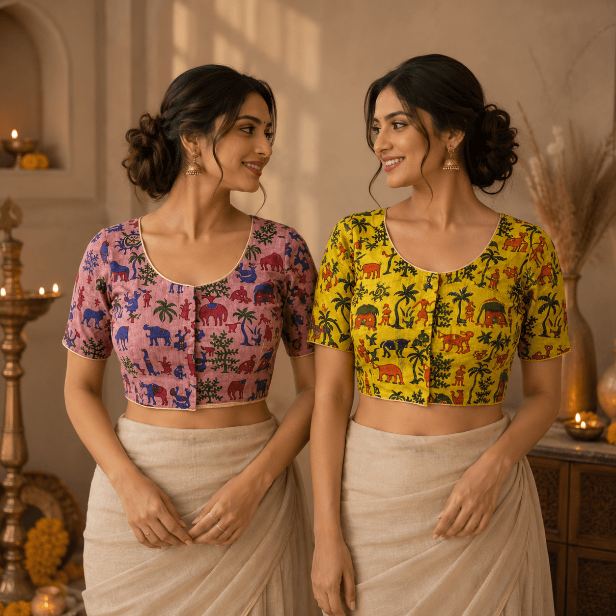 Riyashree Madhubani Cotton Ready-to-Wear Saree Blouse | Pack of 2
