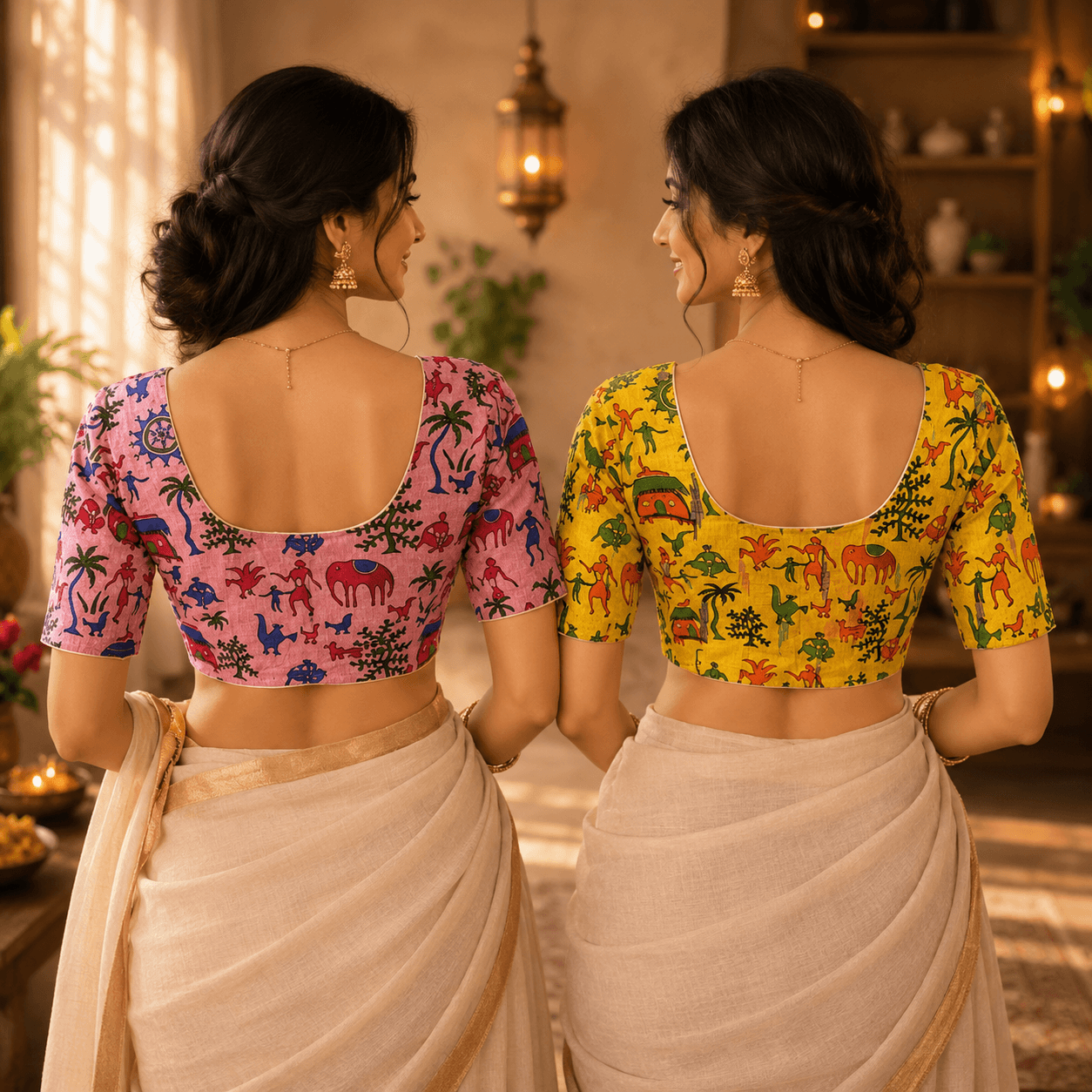 Riyashree Madhubani Cotton Ready-to-Wear Saree Blouse | Pack of 2